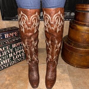 Brown Embroidered Heeled Boots